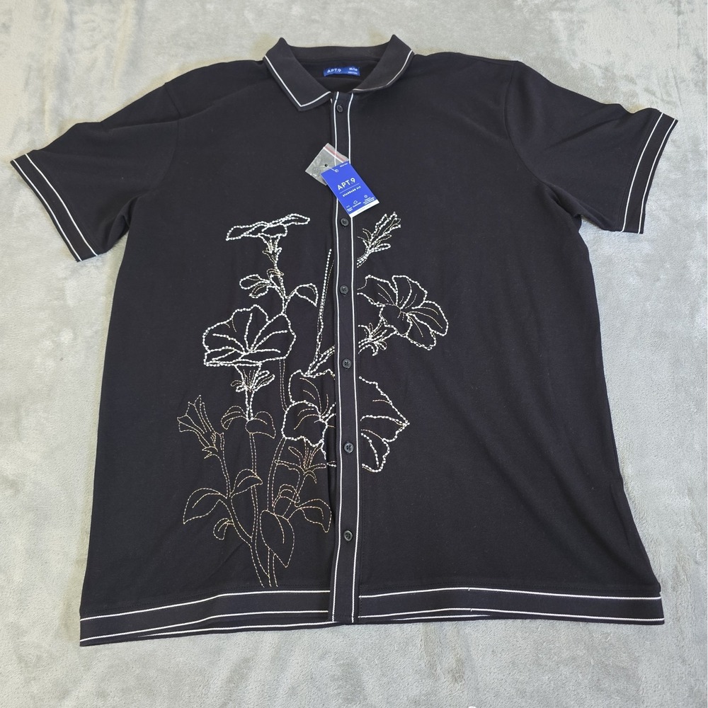Apt 9 Shirt Mens XLT Black Short Sleeve Button-Up Floral Embroidery Casual